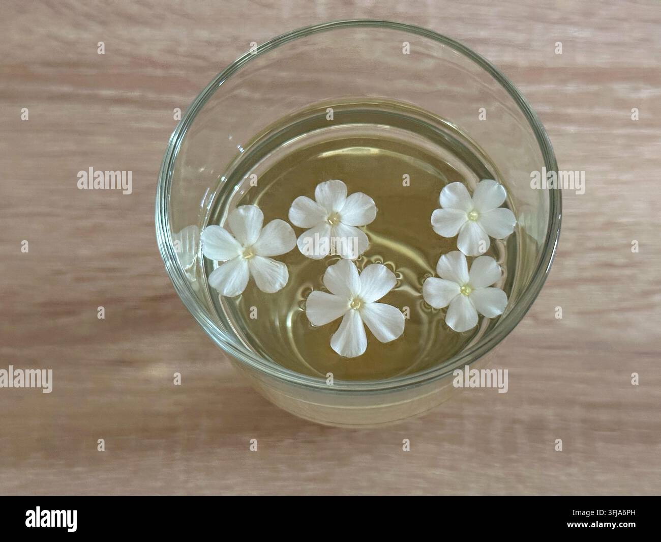 Petites fleurs blanches flottant dans un verre de liquide clair sur une surface en bois. Cinq petites fleurs blanches flottant gracieusement à l'intérieur d'un verre clair rempli - Image de stock capturée avec un smartphone