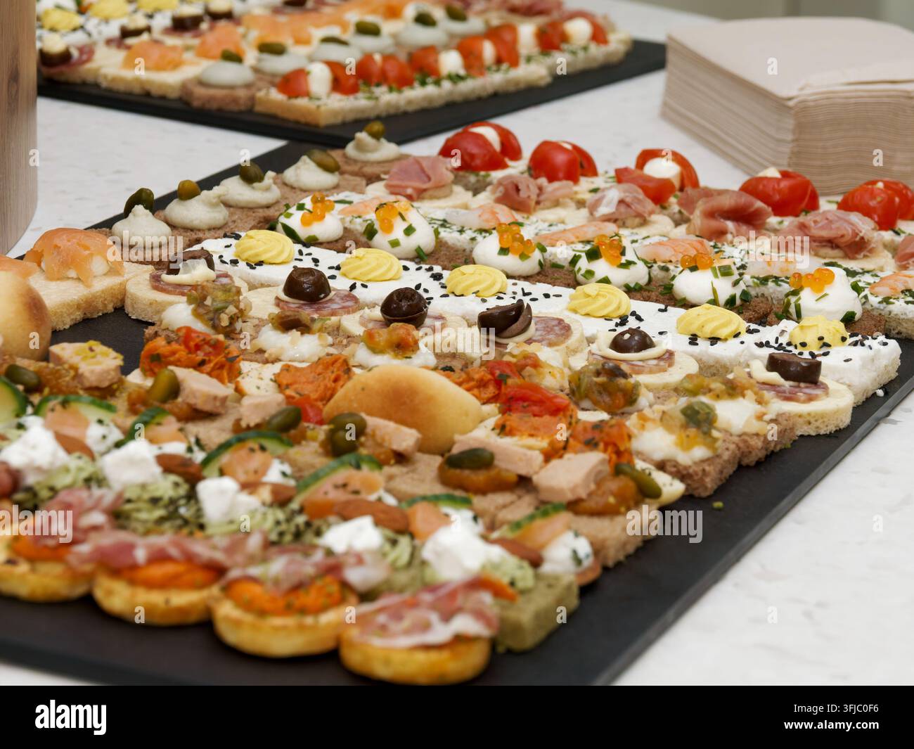 Canapés salés variés et sandwichs ouverts présentés sur un plateau de traiteur Banque D'Images