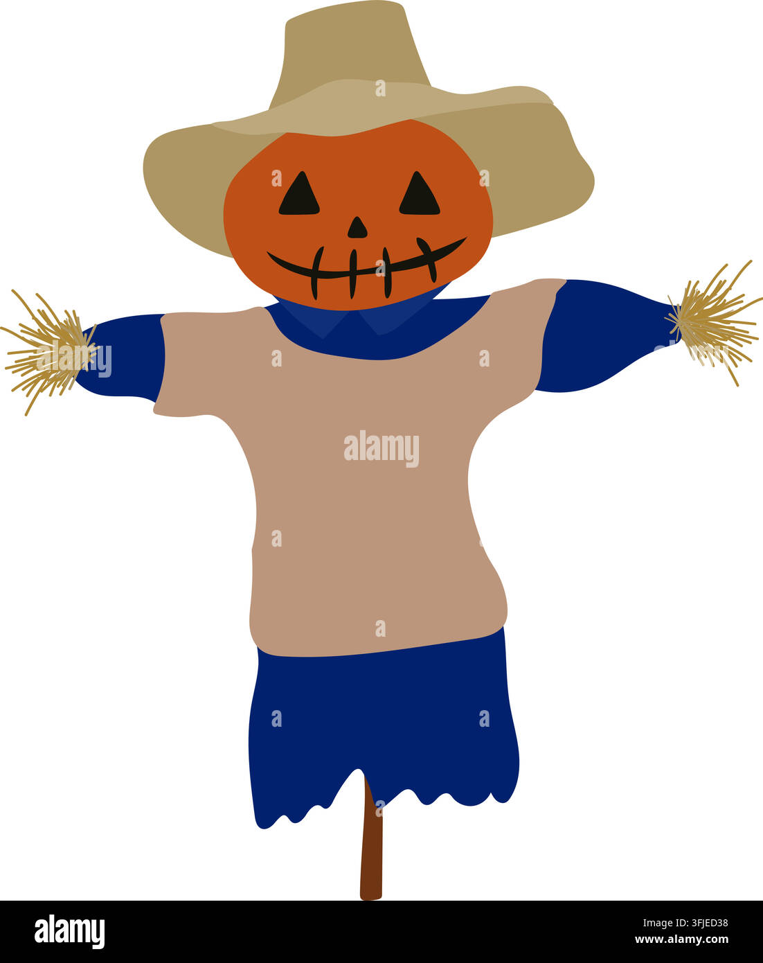Un épouvantail d'Halloween fantaisiste avec une tête de citrouille, un chapeau à larges bords, des vêtements bleus et des bras tendus, parfait pour les illustrations saisonnières. Illustration de Vecteur