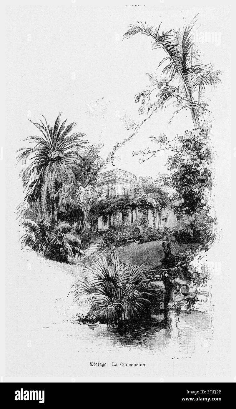 Domaine de La Concepcion à Malaga, Jardin tropical luxuriant avec palmiers et villa, gravure du XIXe siècle. Banque D'Images