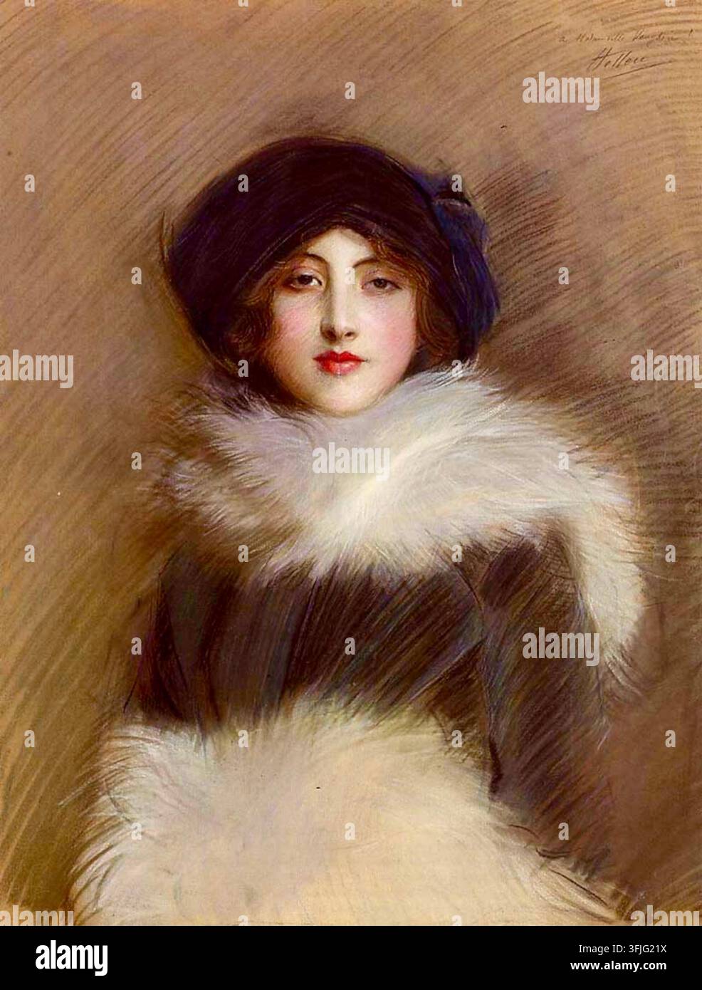 Paul César Helleu (Français, 1859-1927) - Mademoiselle Vaughan - c1905 - Cette œuvre d'art spécifique est réalisée à l'aquarelle sur toile et met en valeur la tenue d'hiver luxueuse et à la mode de l'époque, avec un col en fourrure blanc spectaculaire et un chapeau sombre. Banque D'Images