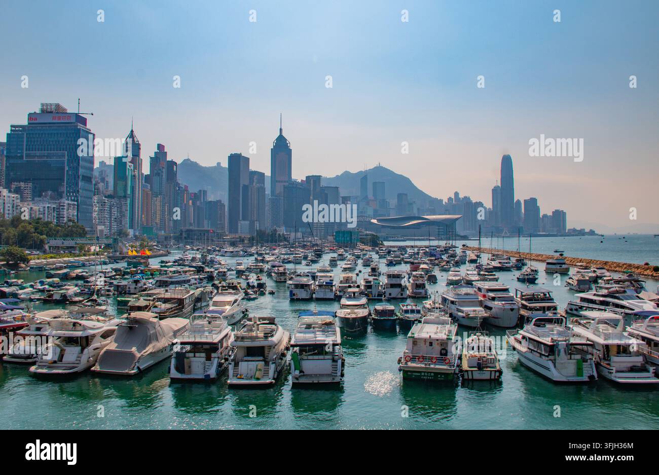 Bateau de jonque chinois traditionnel coloré avec des voiles vives parmi les yachts de luxe et les bateaux de pêche au refuge contre les typhon de Causeway Bay à Hong Kong Banque D'Images