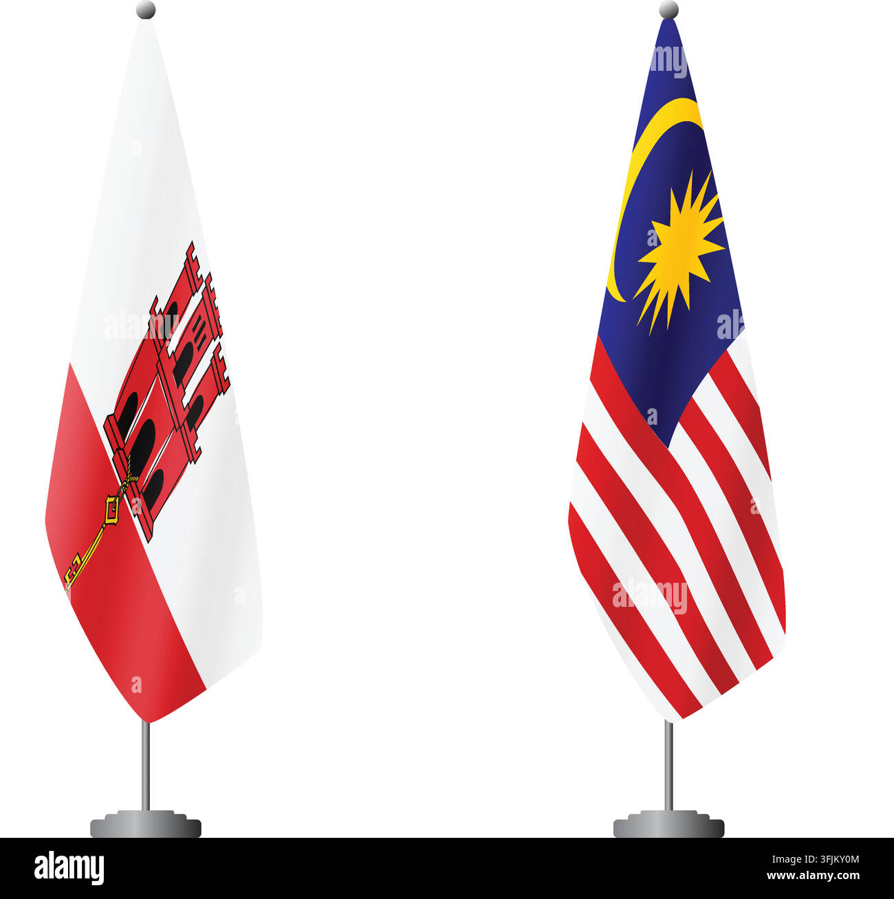 Drapeaux de Gibraltar et de Malaisie sur des mâts pour cérémonies et réunions officielles, vecteur fond transparent Illustration de Vecteur
