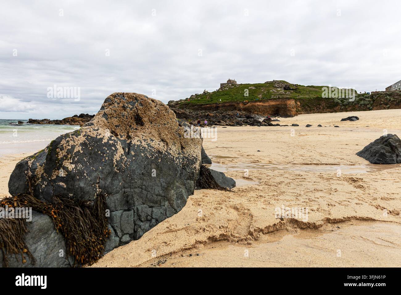 Grand rocher recouvert d'algues sur le rivage sablonneux de Porthmeor Beach, St Ives, Cornouailles, Angleterre, avec des falaises côtières abruptes et un ciel couvert Banque D'Images