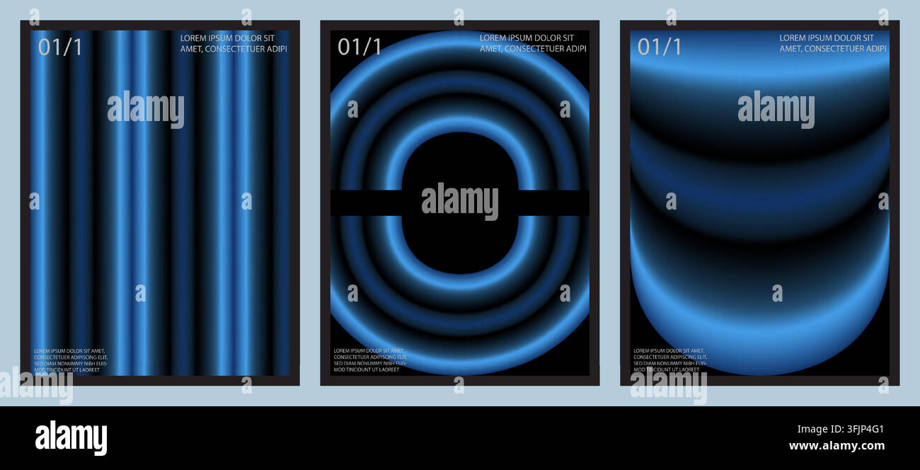 Trois designs de posters verticaux présentent des dégradés bleus abstraits frappants sur un fond noir, complétés par une typographie élégante et des motifs géométriques Illustration de Vecteur