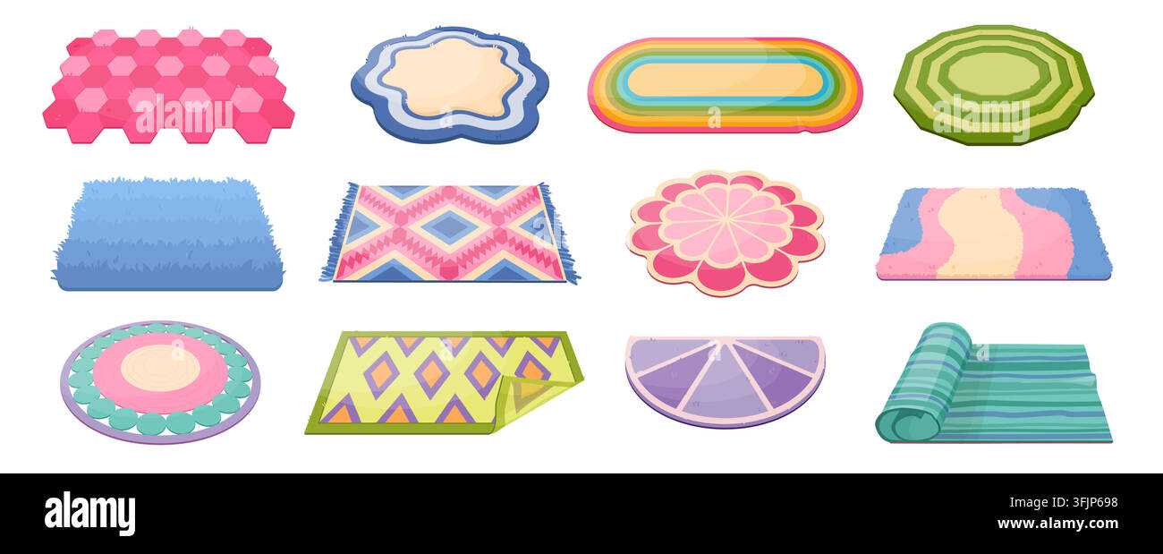 Tapis. Tapis d'intérieur de style cartoon, intérieur de pièce turc confortable ou objet en tissu pour chambre d'enfant. Tapis colorés, designs de tapis, textiles de décoration de salon, composition de motifs arabesques. Illustration isolée vectorielle Illustration de Vecteur