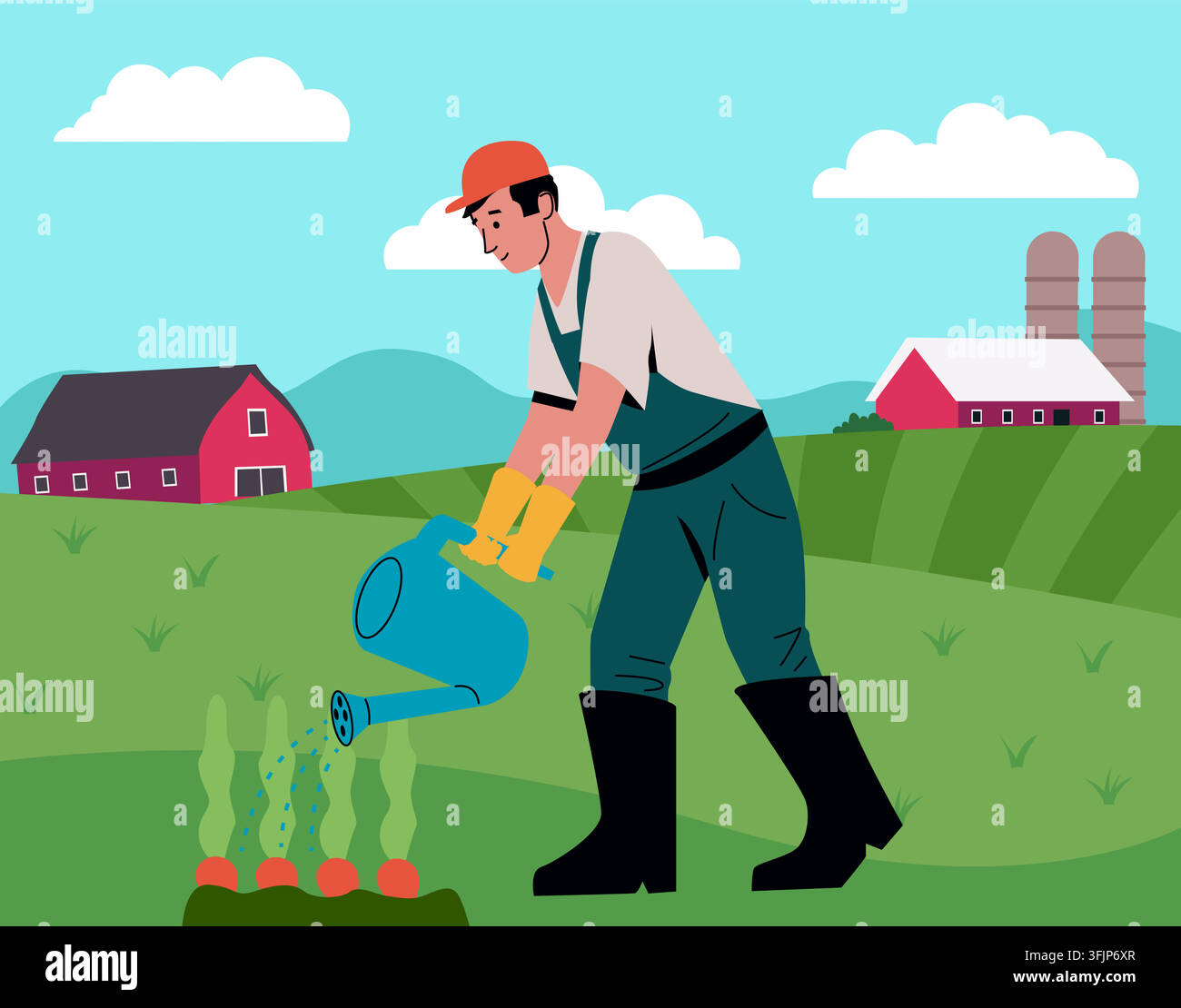 Agriculteur arrosant des plantes avec un arrosoir. Scène rurale, soins des cultures et travail des champs, culture agricole et gestion de ferme dans le paysage de la campagne. Illustration isolée en style plat de dessin animé vectoriel Illustration de Vecteur