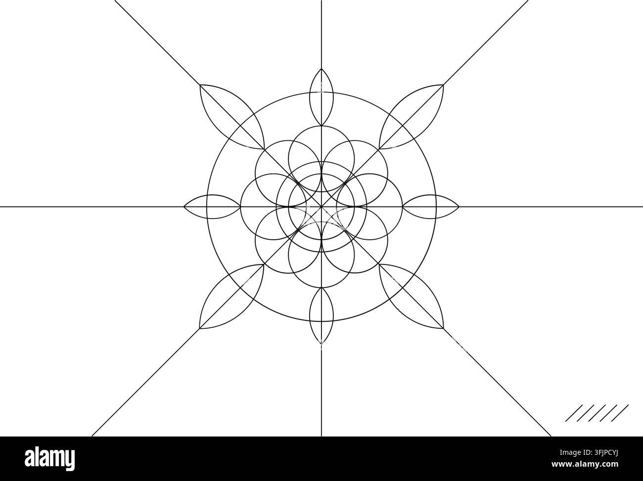 Design vectoriel d'icône de ligne mandala fleur géométrie sacrée blanc. Ornement de ligne de pétale circulaire symétrique centré sur fond blanc minimal géométrique a Illustration de Vecteur