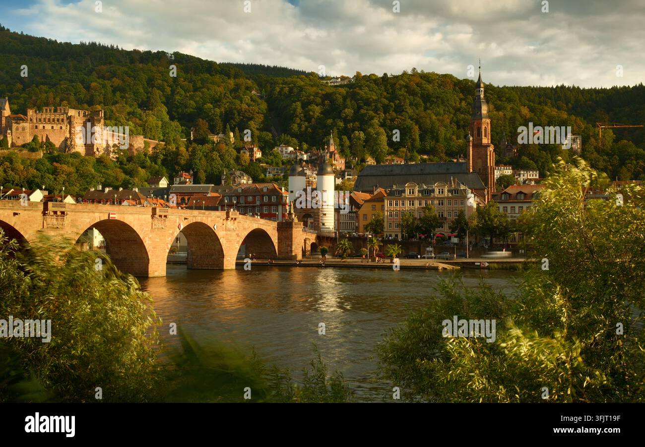 La vieille ville, la promenade, le vieux pont et le Neckar à Heidelberg, Allemagne, sous un soleil agréable Banque D'Images