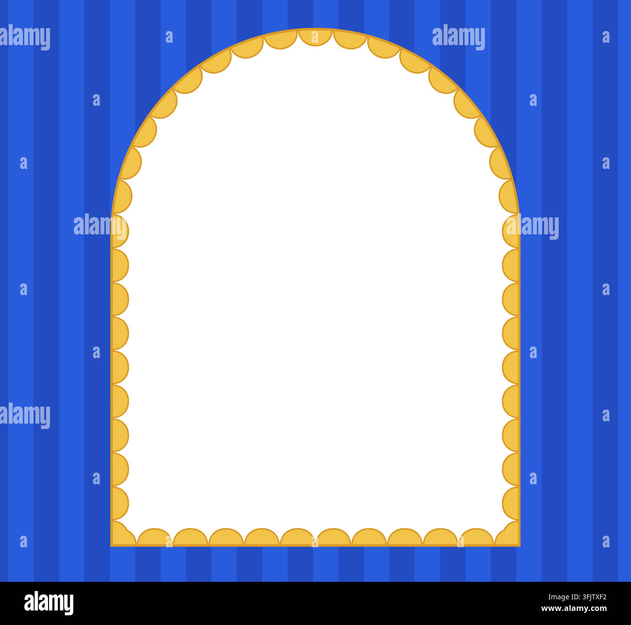 Une bordure en dentelle festonnée d'un jaune doré encadre une forme d'arche en tant que garniture moderne audacieuse sur un fond rayé bleu cobalt, illustration vectorielle pour invitations, étiquettes, cartes et projets de papeterie. Illustration de Vecteur