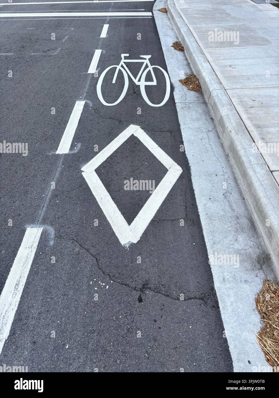 Une piste cyclable dédiée marquée de symboles de vélo et de losange peints en blanc sur l'asphalte sombre, guidant les cyclistes en toute sécurité le long de la route urbaine fréquentée. - Image de stock capturée avec un smartphone