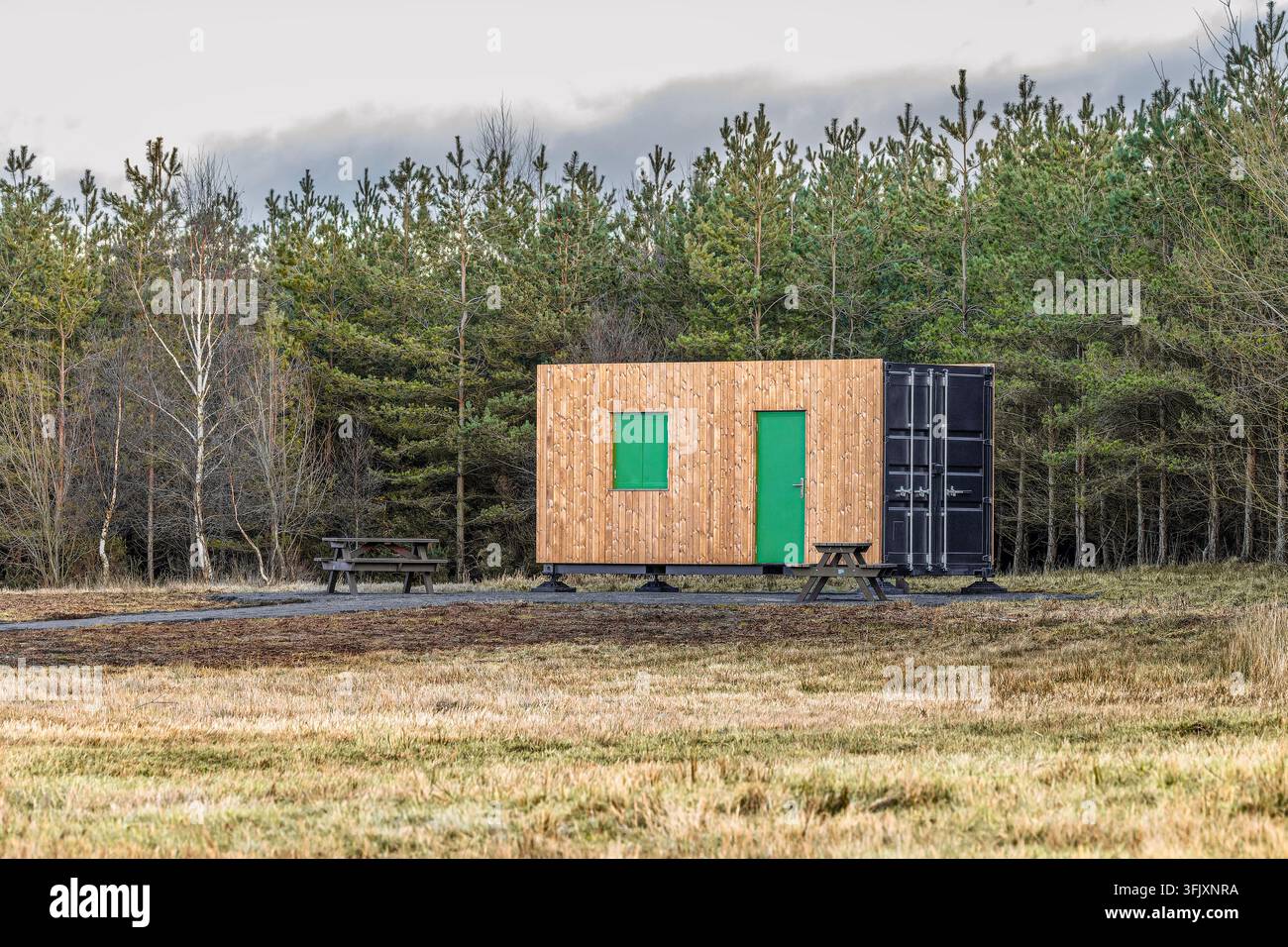 Unité modulaire gainée de bois avec porte vert vif et volet de fenêtre assorti, surélevée sur des pieds à côté de tables de pique-nique, dans un fond de forêt de pins et de bouleaux Banque D'Images