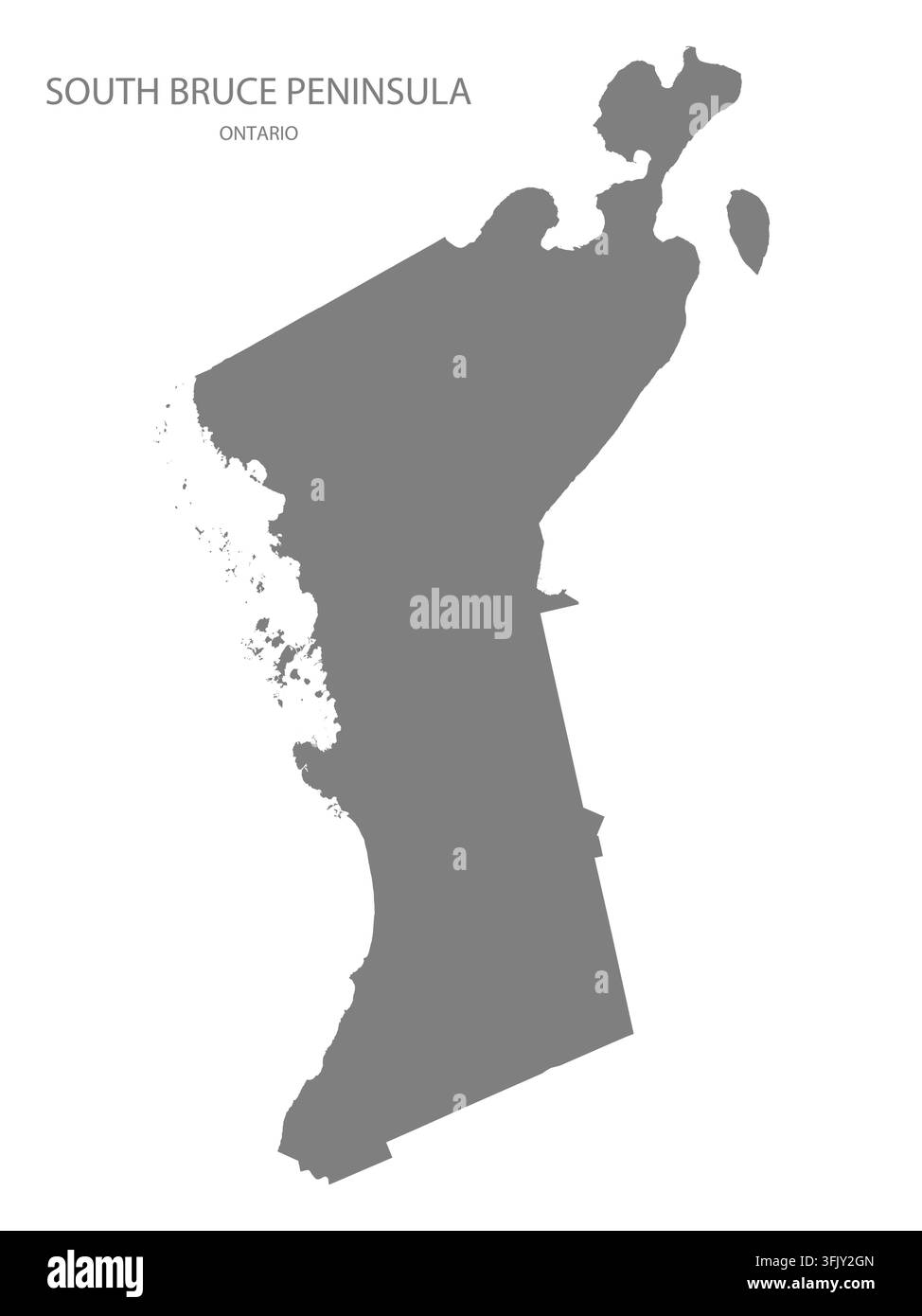 Carte vectorielle plate moderne de la péninsule Sud de Bruce, Ontario, Canada. Silhouette détaillée des limites du district municipal en gris sur fond blanc. Illustration de Vecteur