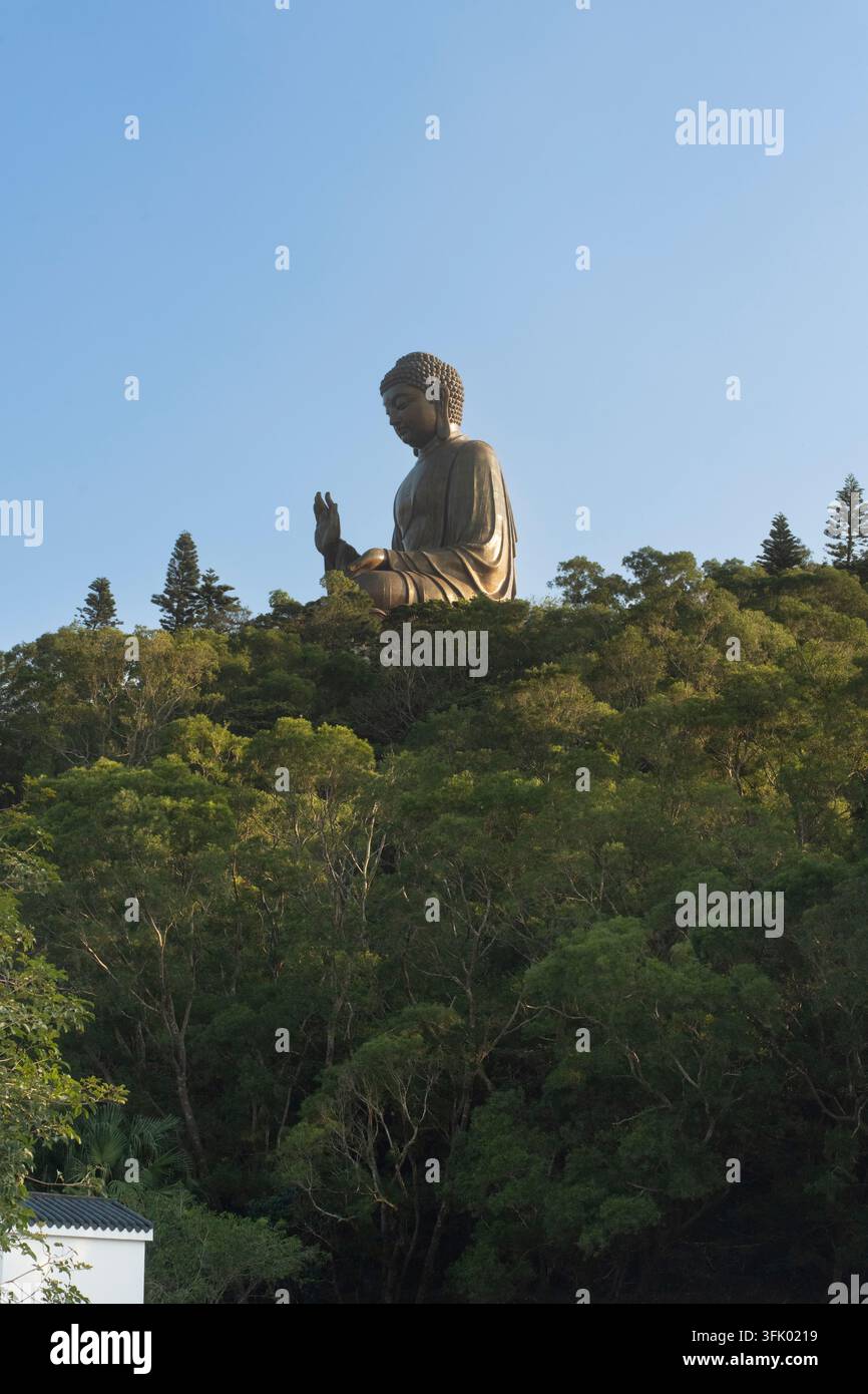 La gigantesque statue de bronze de Bouddha Tian Tan est perchée au sommet d'une colline boisée de l'île de Lantau, à Hong Kong, offrant un réconfort spirituel. Banque D'Images