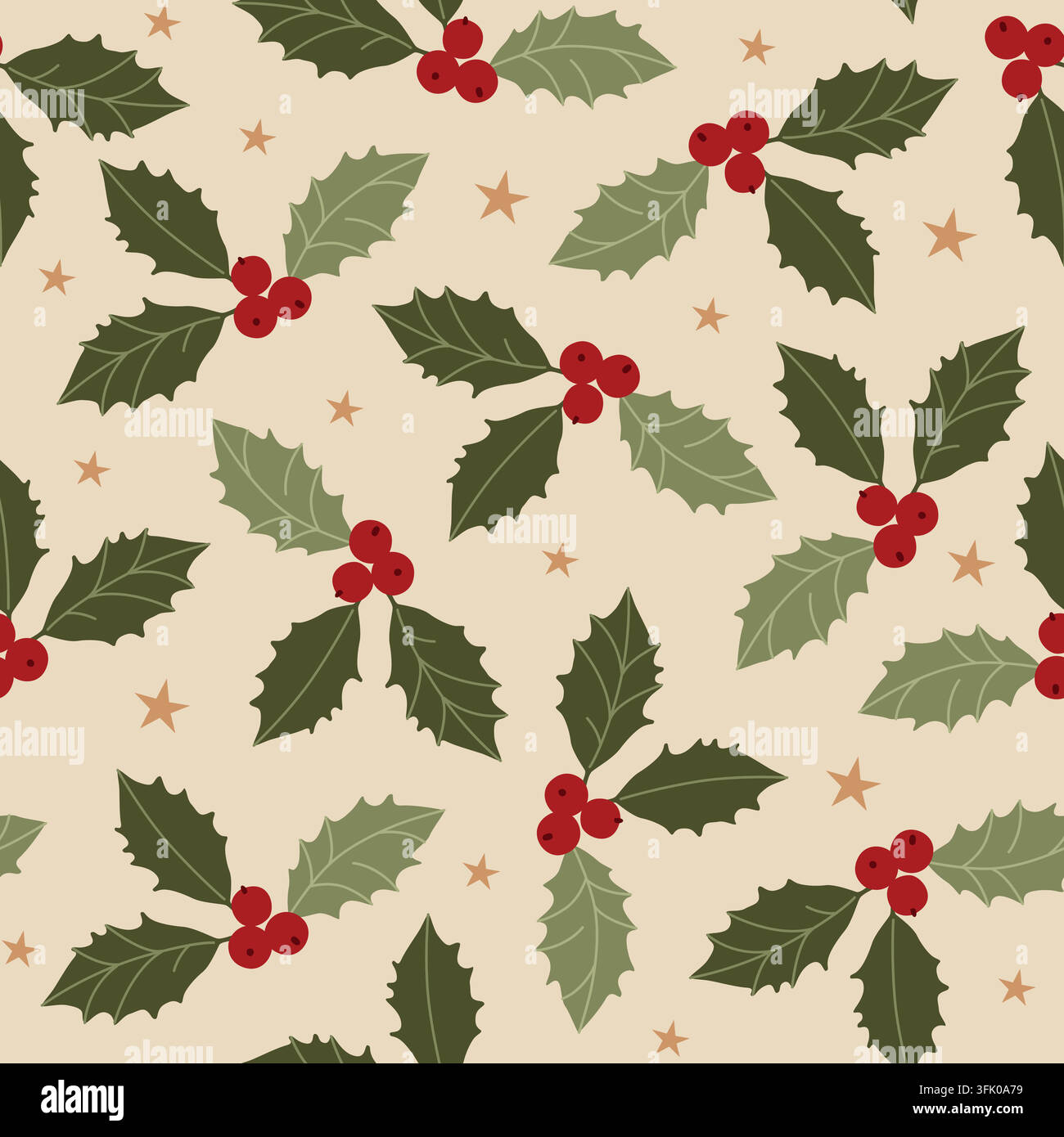 Motif floral Noël sans fin dessiné à la main avec baie de houx et étoiles pour tissu saisonnier, fond, papier cadeau, emballage Illustration de Vecteur
