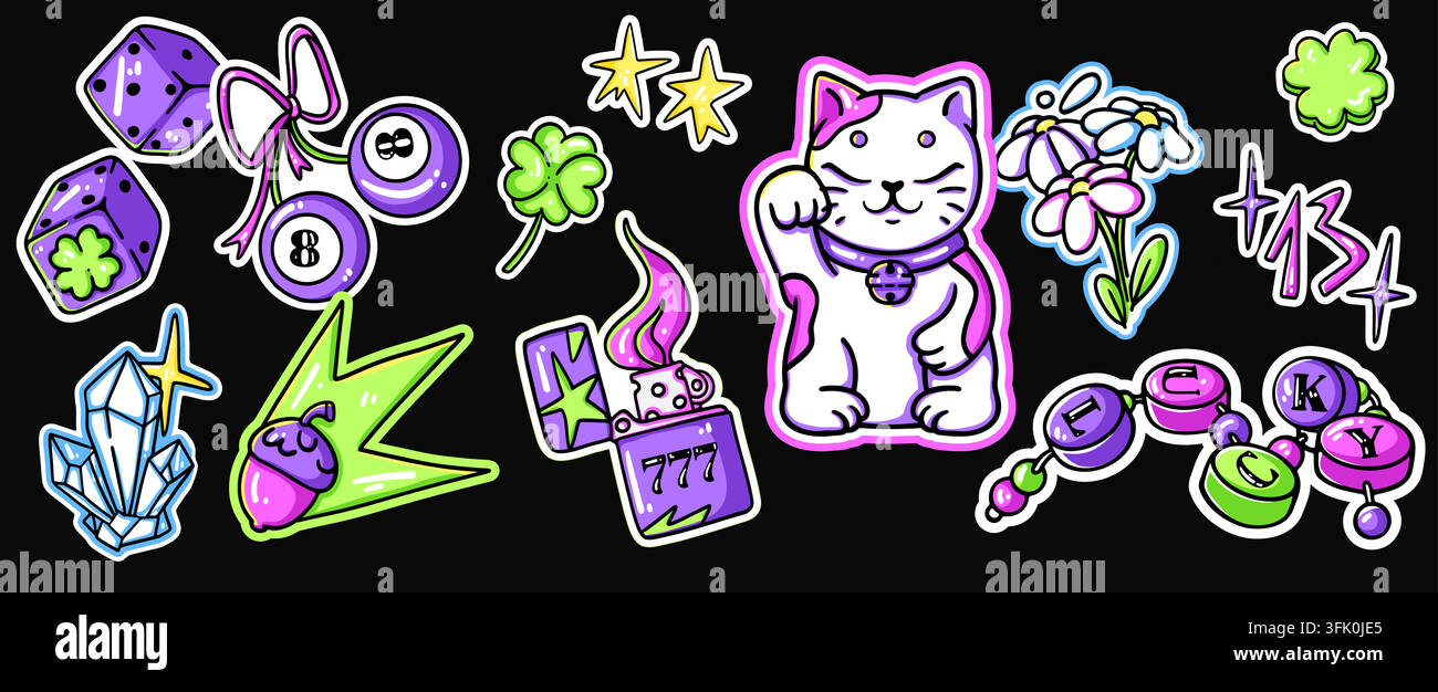 Ensemble de stickers de type doodle avec des signes porte-bonheur isolés sur fond noir. Illustration vectorielle de dés de casino, chat Maneki-neko chinois, trèfle à quatre feuilles, gland porte-bonheur et boule numéro huit, signes de fortune en style doodle Illustration de Vecteur