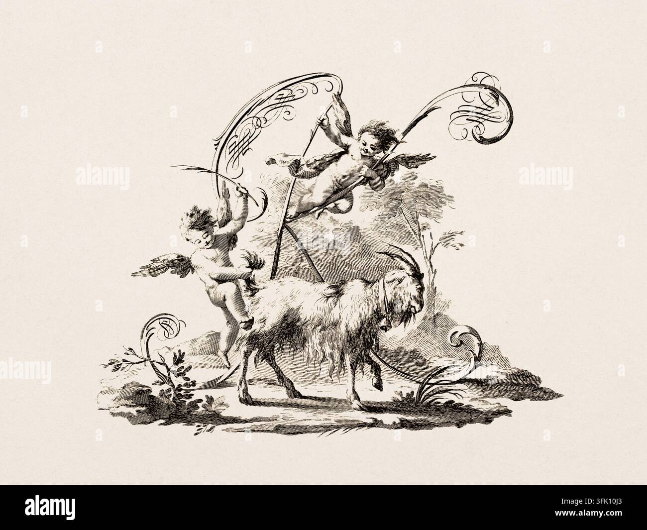 Lettre décorative K d'un alphabet gravé italien antique, représentant une scène allégorique avec des figures, la nature et des détails ornementaux. Banque D'Images