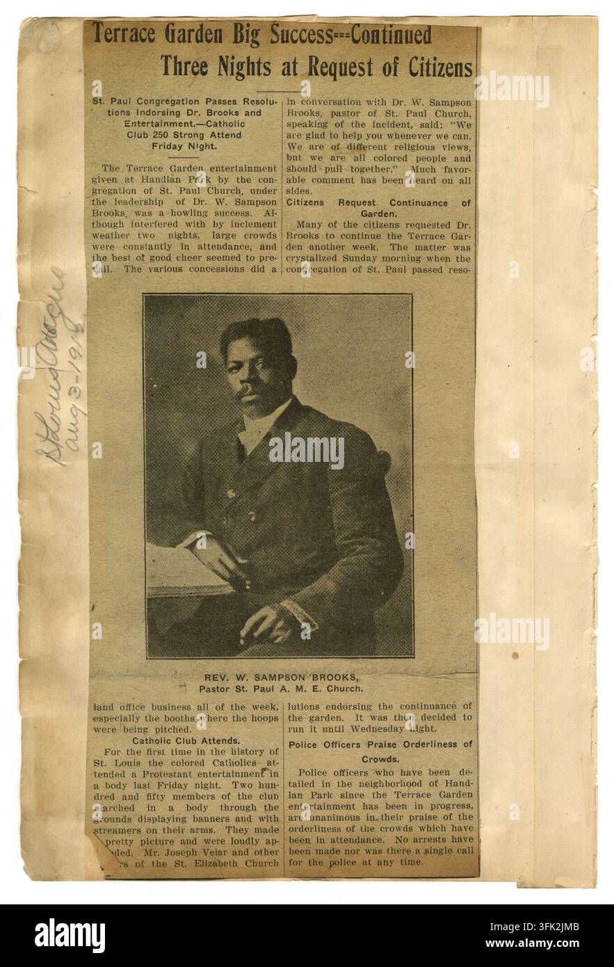 Extrait de journal de 1910 présentant un portrait du Rév. W. Sampson Brooks, pasteur de l'église St. Paul A.M.E., accompagné d'un article sur l'événement de divertissement « Terrace Garden ». St Louis, Missouri Banque D'Images