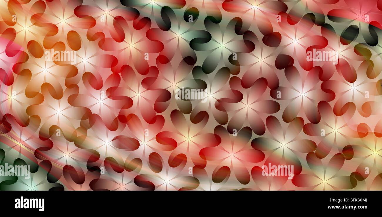 Un fond abstrait présentant un motif dense de formes de fleurs multicolores, principalement dans des tons de rouge, d'orange et de vert. Banque D'Images