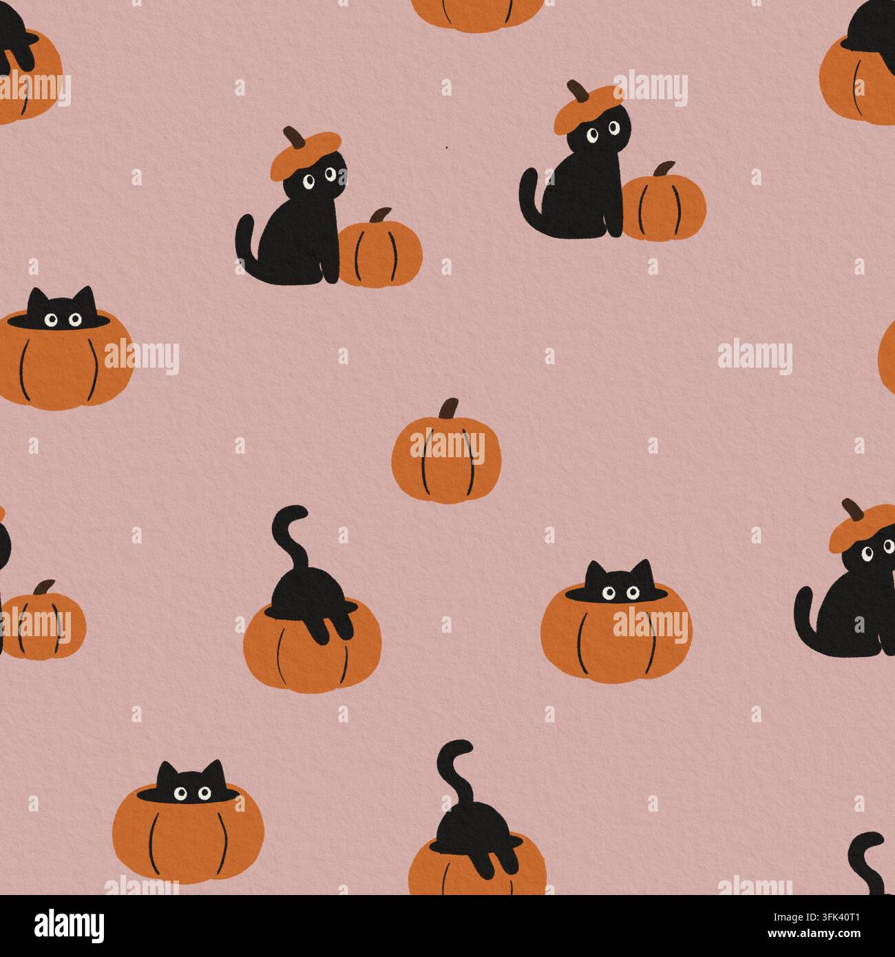Motif Halloween sans couture dessiné à la main avec des chats noirs espiègles se cachant dans des citrouilles et portant des couvercles de citrouille sur un fond rose texturé. Banque D'Images