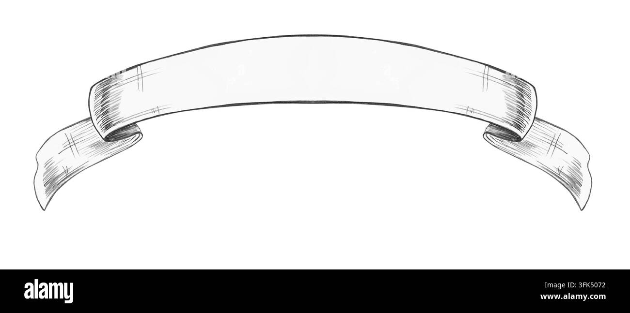 Un croquis au crayon d'un ruban courbé avec des bords bouclés. Une illustration isolée adaptée au branding des agences d'événements, aux logos de festivals musicaux, au design Banque D'Images