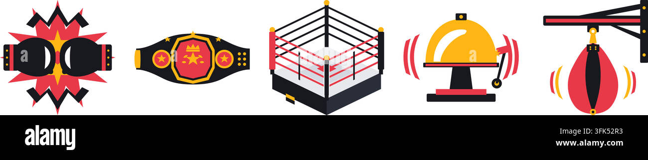 Ensemble d'icônes vectorielles de gants de boxe, ceinture de championnat, ring, cloche et sac de boxe Illustration de Vecteur