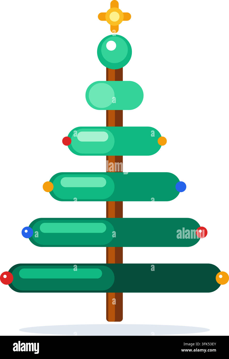 Illustration vectorielle plate d'arbre de Noël avec ornements colorés et étoile au sommet, isolée sur fond blanc pour conception de vacances Illustration de Vecteur