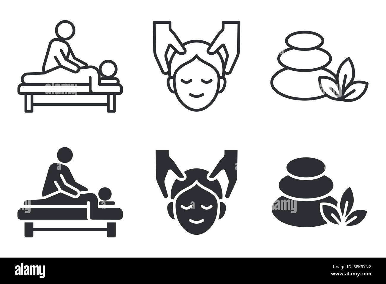 Ensemble d'icônes de spa comprenant des symboles de thérapie par massage, de massage de la tête et de traitement par pierres chaudes Illustration de Vecteur