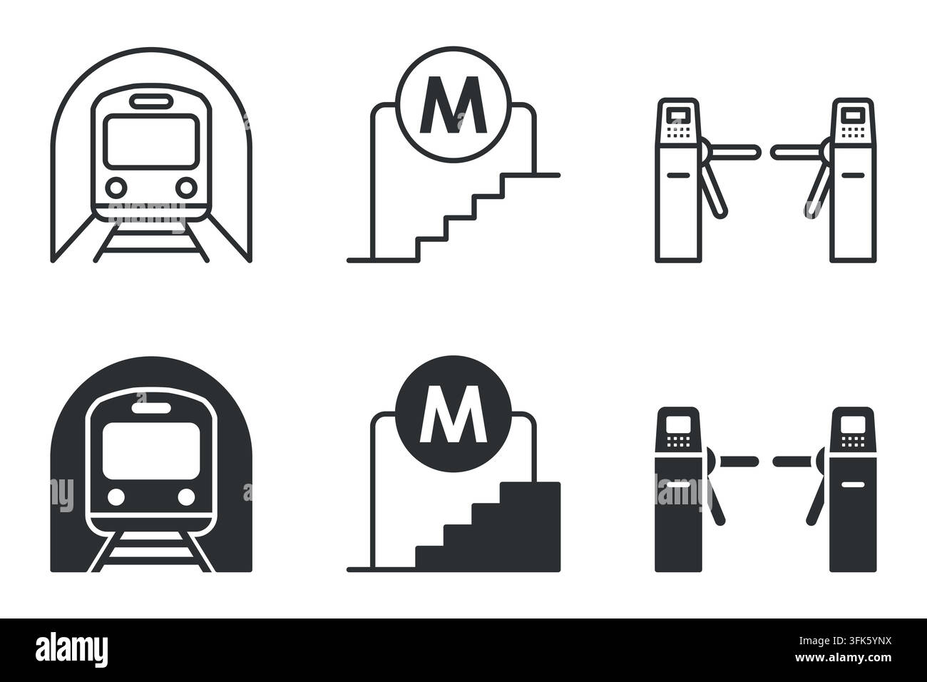 Ensemble d'icônes de métro comprenant un train, une entrée et un tourniquet Illustration de Vecteur