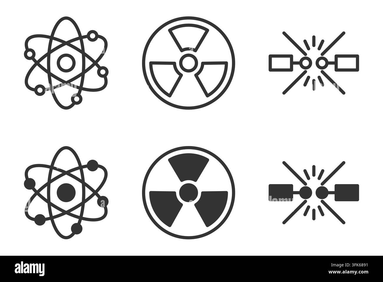 Ensemble de symboles atomiques et nucléaires comprenant des diagrammes de rayonnement et de particules. Illustration vectorielle Illustration de Vecteur