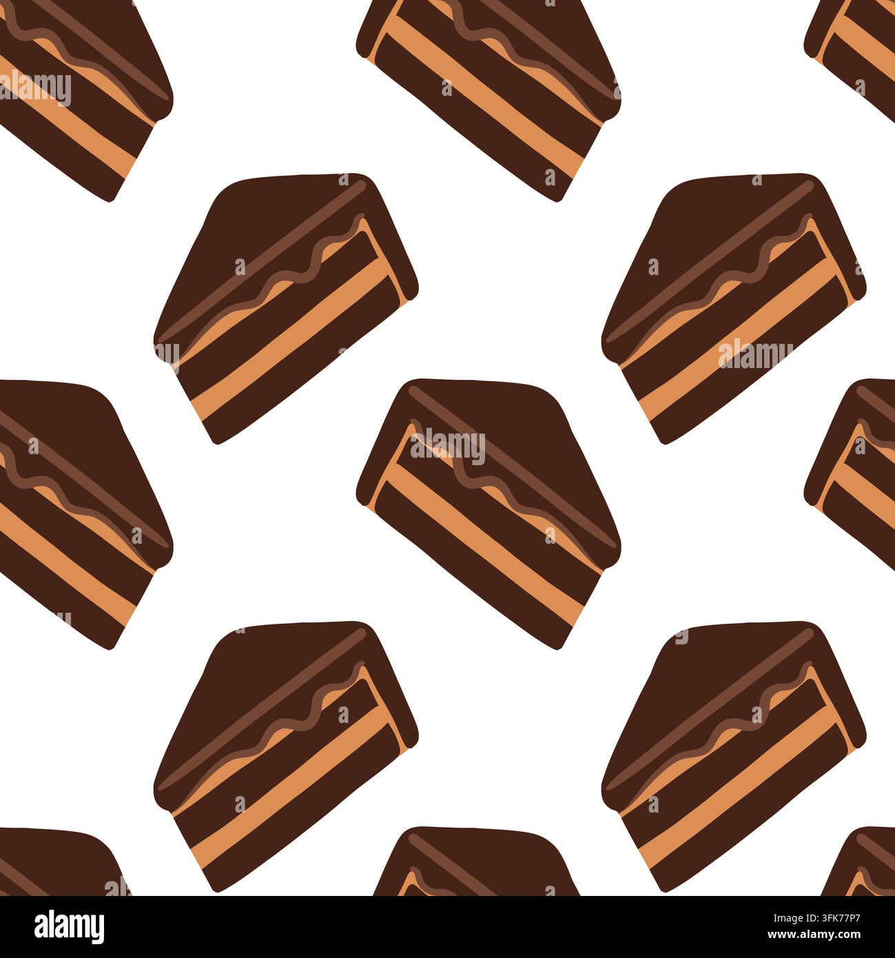 Motif de gâteau au chocolat dessert au cacao pâtisserie vecteur illustration répétée sans couture confiserie. Des tranches triangulaires répétées affichent une génoise sombre, crémeuse Illustration de Vecteur