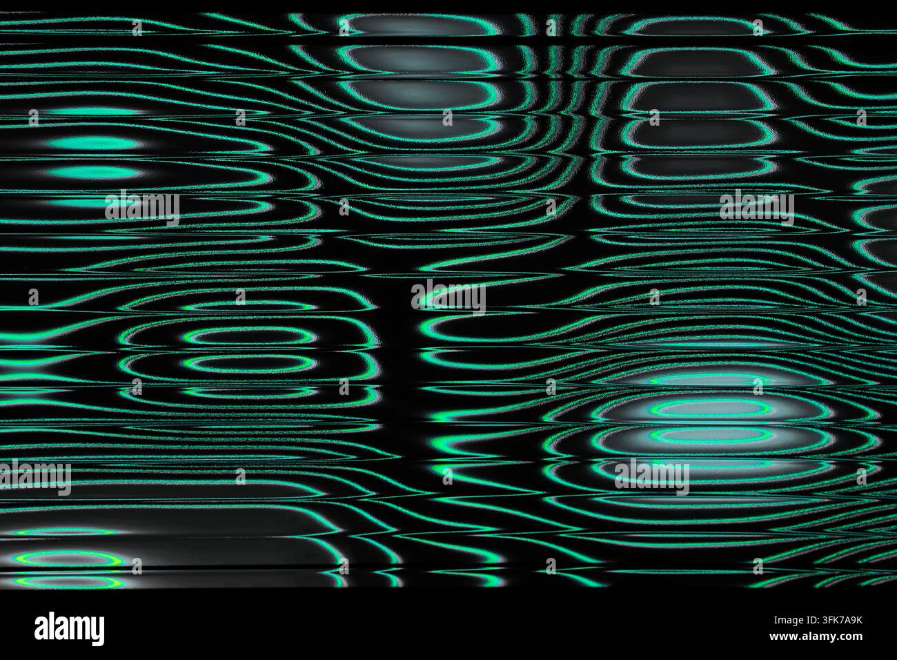 Photo abstraite de vagues de lumière néon vert électrique et bleu-vert traversant une texture de verre cannelé ondulé sur fond noir. Concept de mat Banque D'Images
