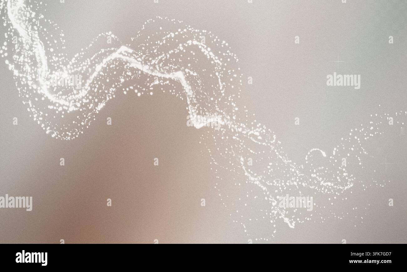 Une vague gracieuse de particules blanc éclatant se déplaçant sur un fond gris doux à texture progressive. Banque D'Images