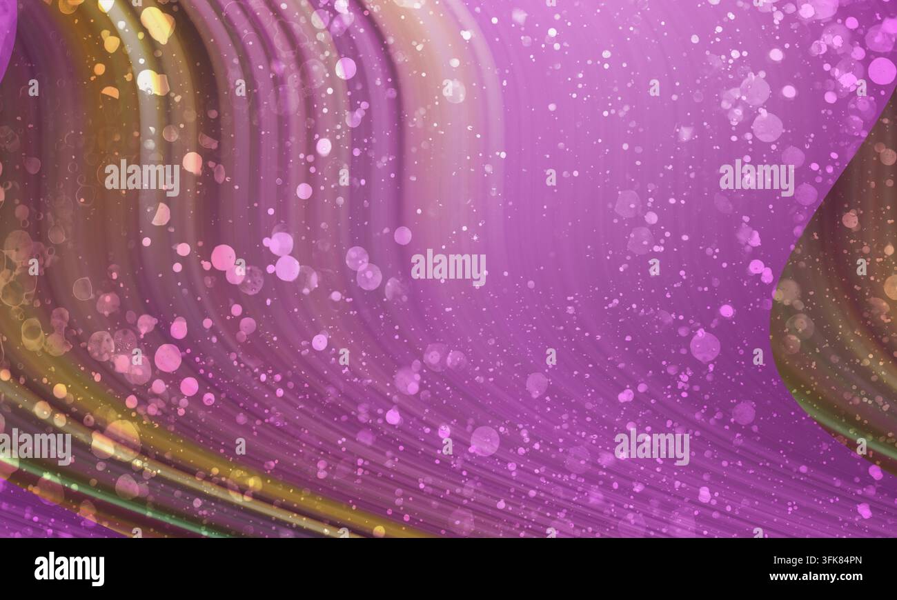Fond abstrait présentant des vagues violettes et dorées tourbillonnantes ornées de particules roses étincelantes et de paillettes. Banque D'Images