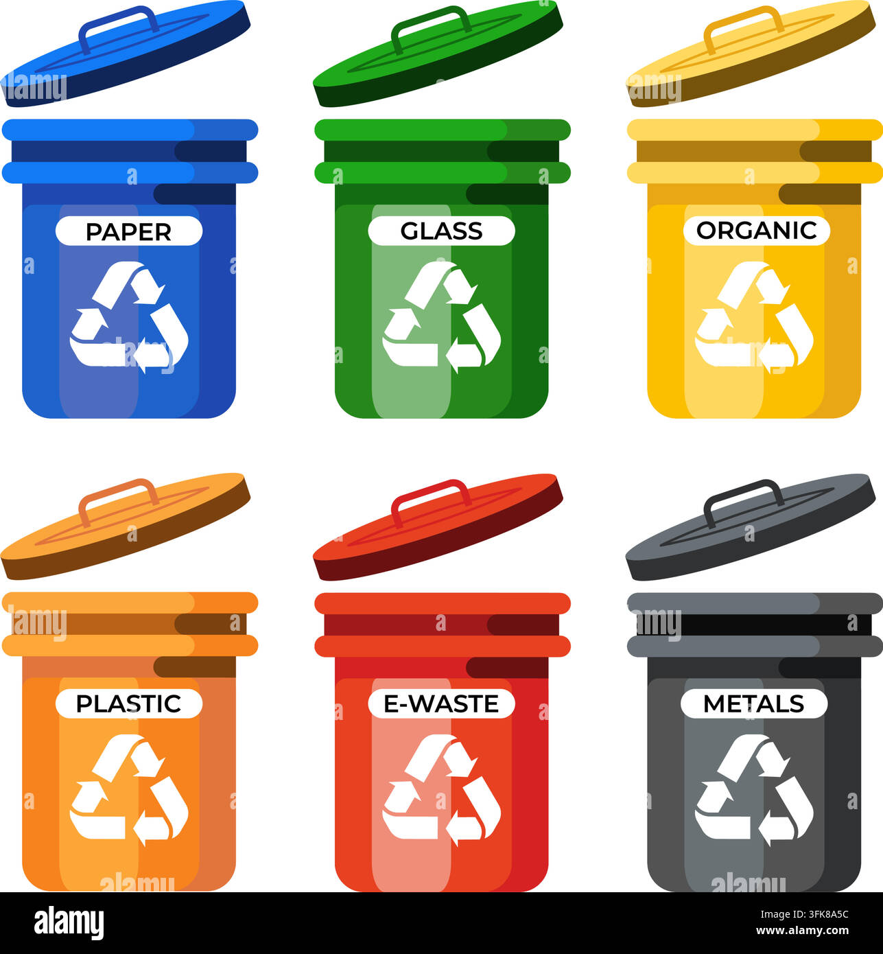 Bennes colorées destinées au tri des déchets papier, verre, organique, plastique, déchets électroniques et métaux. Concept de recyclage durable. Illustration de Vecteur