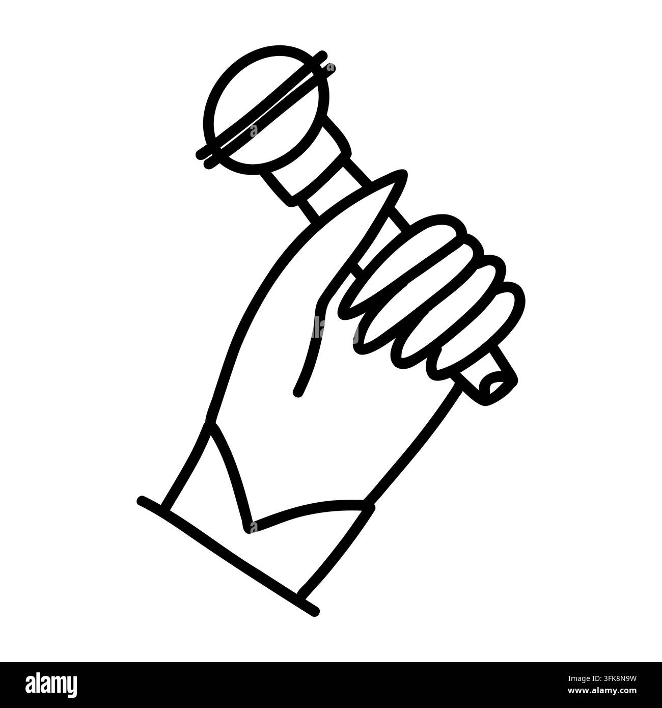 Doodle festif dessiné à la main avec une main tenant un microphone, symbole de célébration du Nouvel An pour cartes de vœux, invitations, affiches, marque d'événement Illustration de Vecteur
