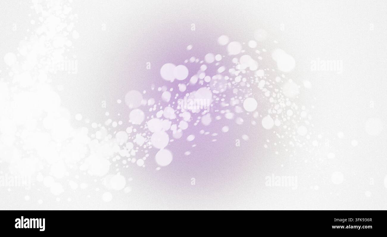 Design abstrait mettant en vedette des particules bokeh blanches lumineuses flottant sur un fond dégradé texturé violet doux. Banque D'Images