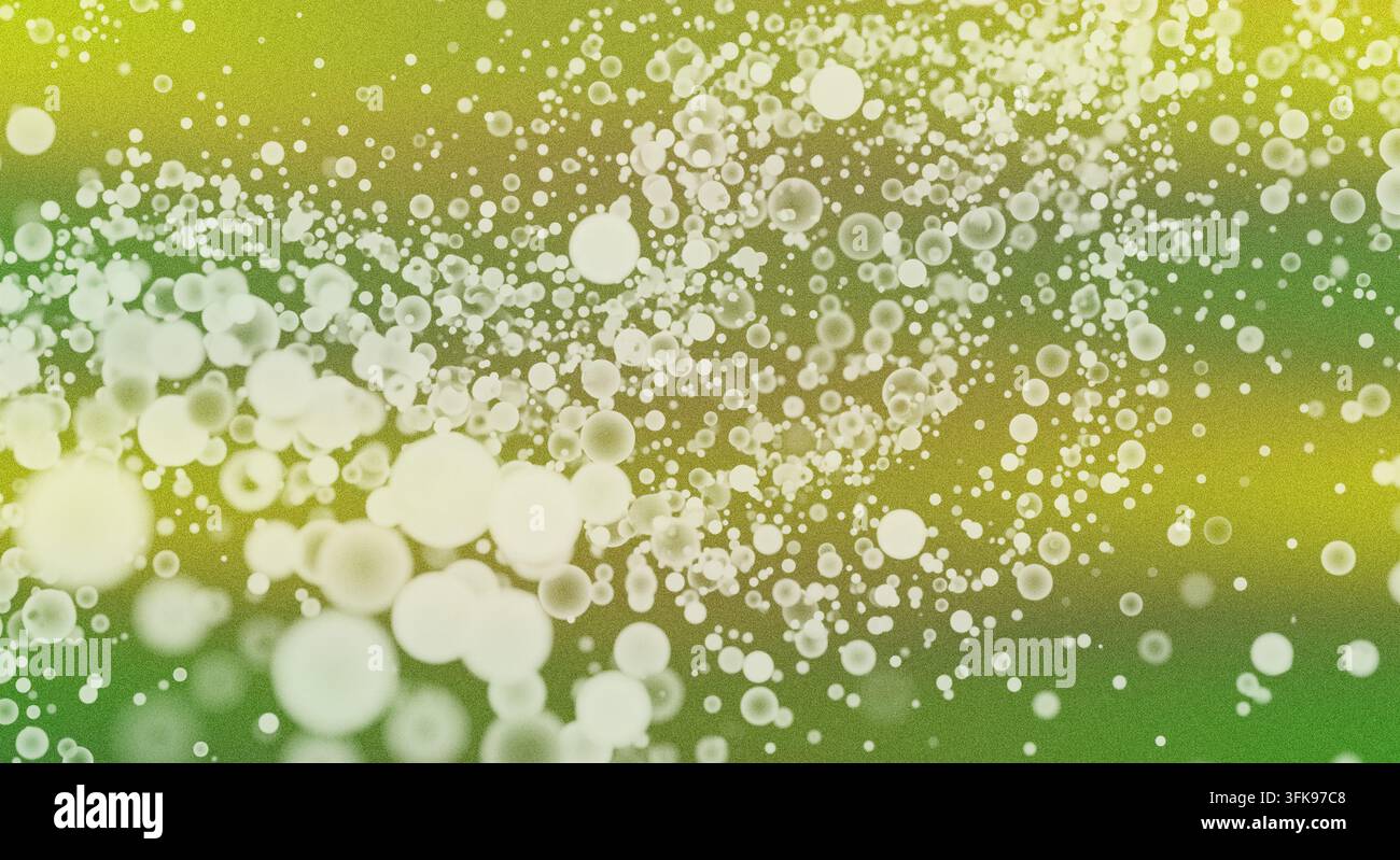 Fond abstrait présentant des bulles blanches lumineuses et des particules flottant sur un dégradé texturé vert vif et jaune. Banque D'Images