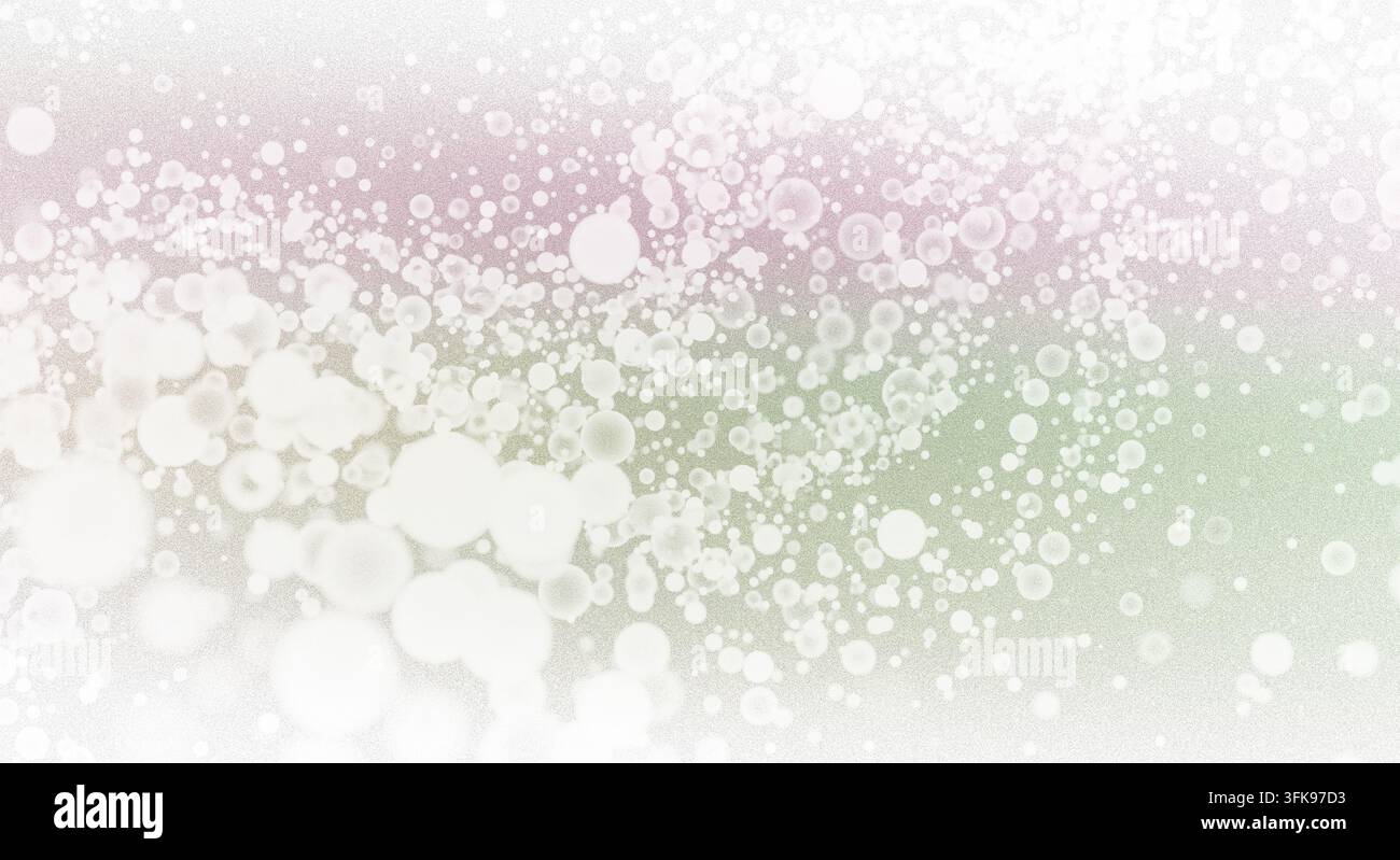 Fond pastel doux avec un dégradé de rose et de vert, comportant des particules de bokeh blanches flottantes et des bulles de lumière étincelantes. Banque D'Images