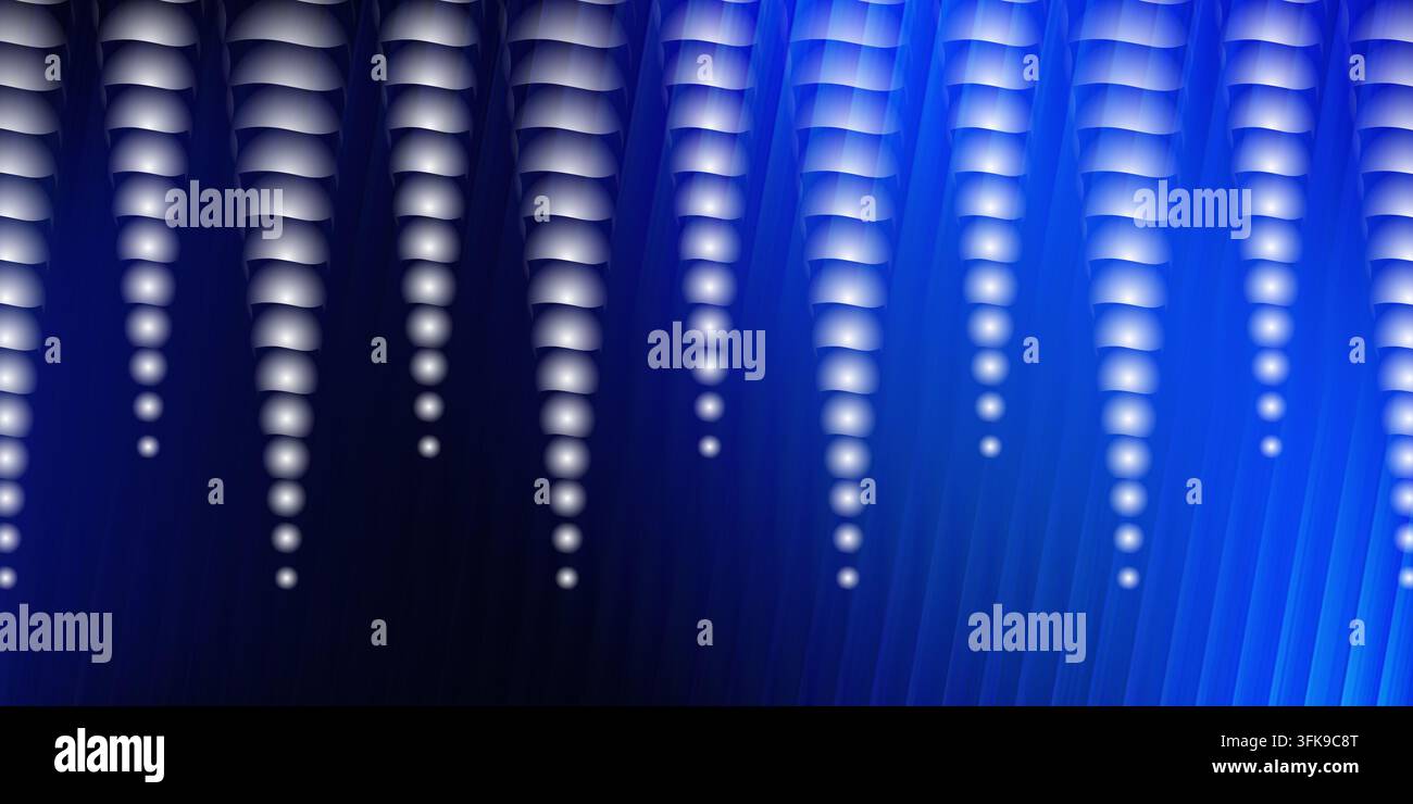 Un fond abstrait présentant des colonnes verticales de sphères blanches lumineuses sur un fond dégradé bleu vif avec des rayons de lumière diagonaux proéminents. Banque D'Images