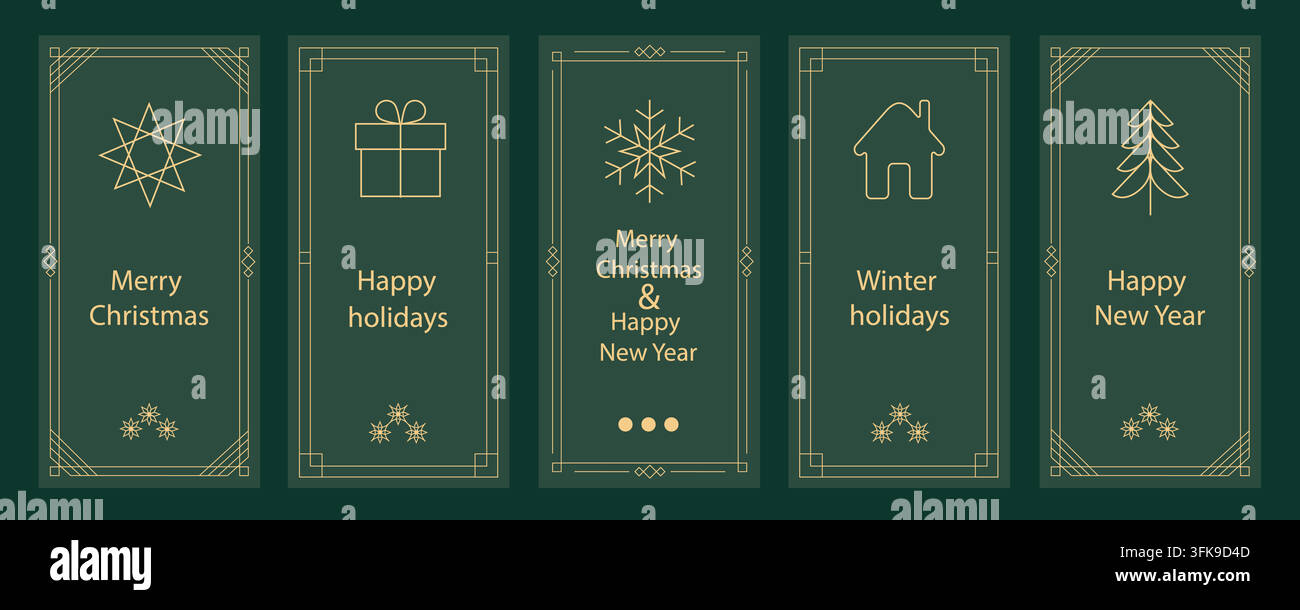 Ensemble de cartes de Noël et de Nouvel An en art linéaire géométrique. Motif de décorations de Noël, fond de carte de vœux Illustration de Vecteur