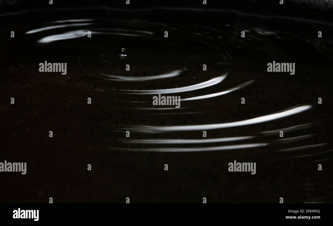 Une goutte de pluie envoie des ondulations argentées à la surface d'une eau sombre. Banque D'Images
