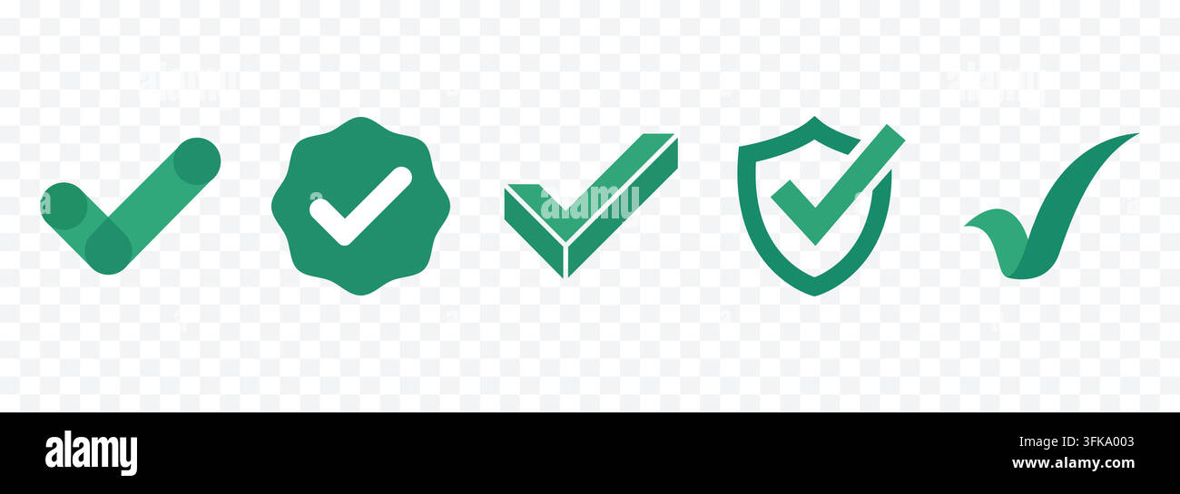 Ensemble d'icônes de validation avec coche verte, badge de bouclier et styles isométriques pour conception vectorielle d'interface utilisateur Illustration de Vecteur