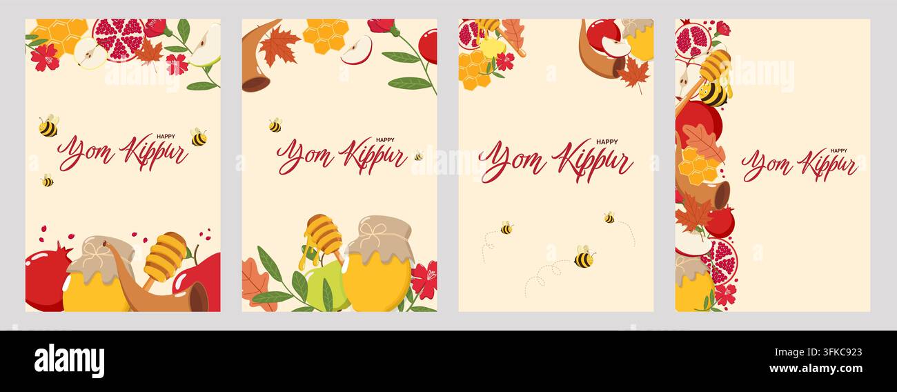 Ensemble de quatre modèles de cartes de vœux pour Yom Kippour avec le texte "Joyeux Yom Kippour", comprenant des pots de miel, des abeilles, des grenades, des pommes, des shofars et des feuilles d'automne. Banque D'Images