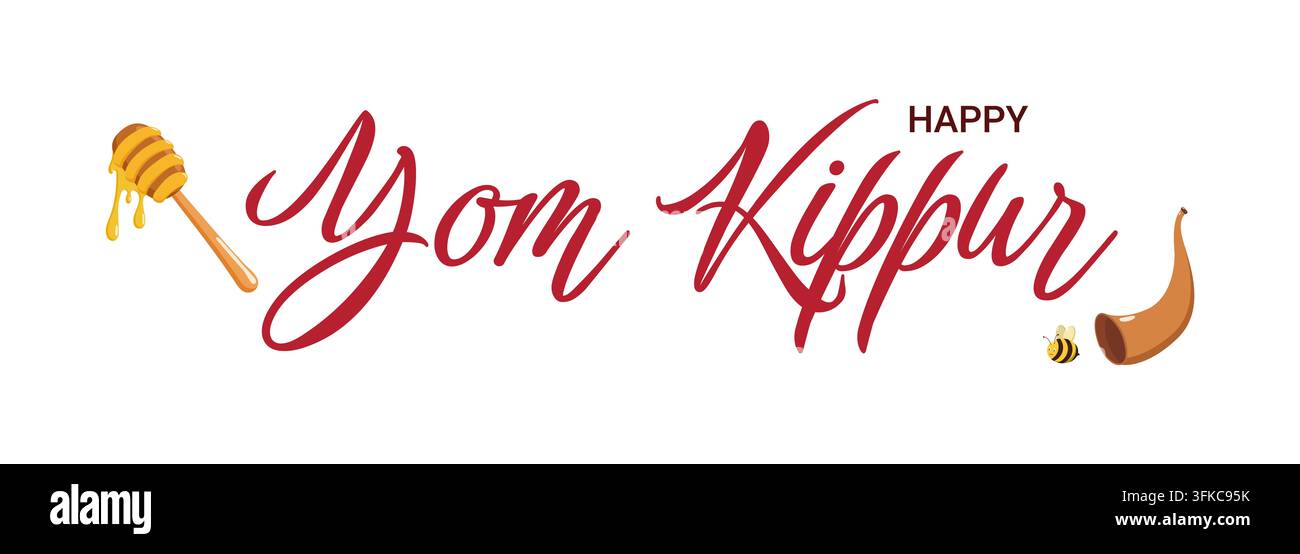 Graphique festif de Yom Kippour avec texte "Happy Yom Kippur" en écriture rouge, cuillère à miel dégoulinant de miel, shofar et abeille. Conception symbolique parfaite pour les juifs Banque D'Images