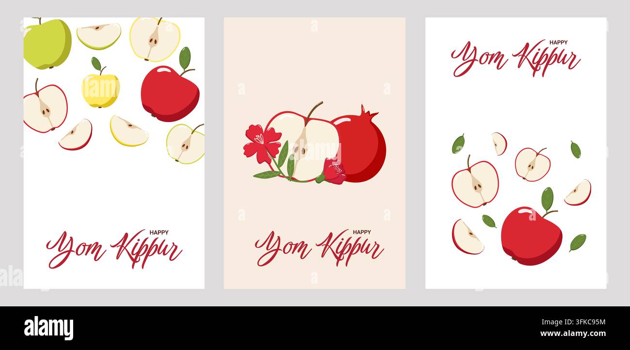 Ensemble de trois modèles de cartes de vœux pour Yom Kippour avec le texte "Happy Yom Kippur", comprenant des pommes, des grenades, des fleurs et des feuilles. Modèles colorés perf Banque D'Images