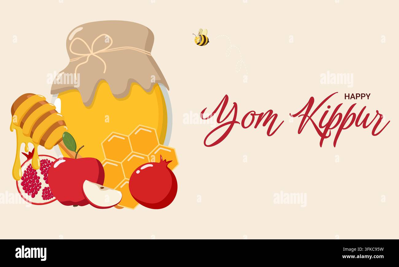 Illustration festiv de Yom Kippur avec le texte "Joyeux Yom Kippur", un pot de miel, une cuillère, une glycérie, une pomme, un grenade et une abeille. Design symbolique parfait pour les juifs Banque D'Images