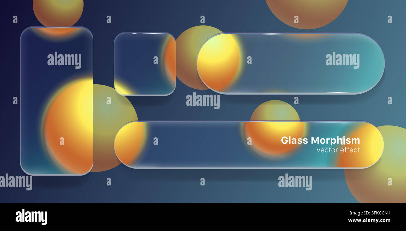 Éléments d'interface Glassmorphism, cadres d'interface en verre transparent avec panneaux arrondis translucides. Sphères dégradées lumineuses et effets de flou sur un fond sombre. Modèle de conception vectorielle futuriste. Illustration de Vecteur