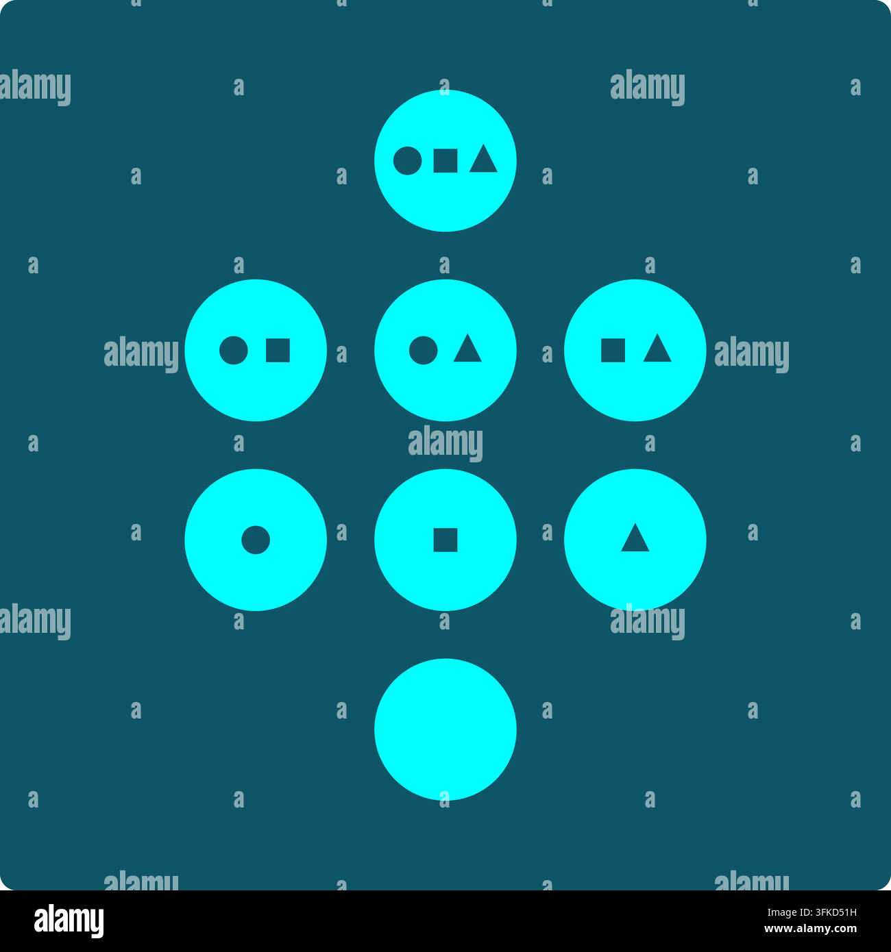 Huit cercles, 1 par sous-ensemble d'un ensemble à 3 éléments, empilés depuis l'ensemble vide en bas jusqu'à l'ensemble complet en haut, chacun contenant la petite forme qui lui correspond Illustration de Vecteur