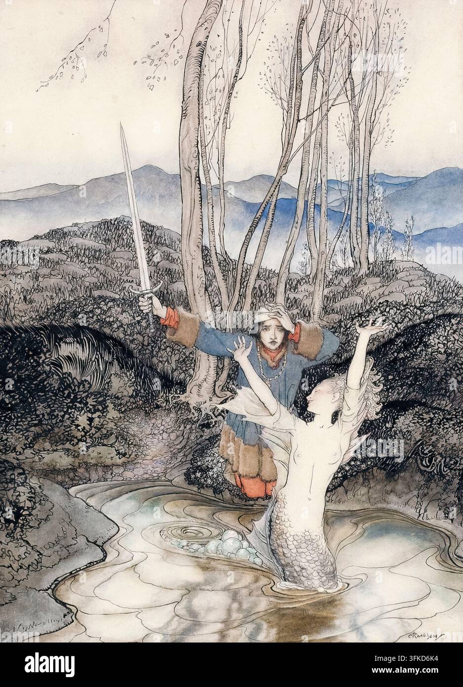 Arthur Rackham (1867-1939), Clerk Coville, ou Clark Colvill, illustration d’un chevalier et d’une sirène pour Some British Ballads Banque D'Images
